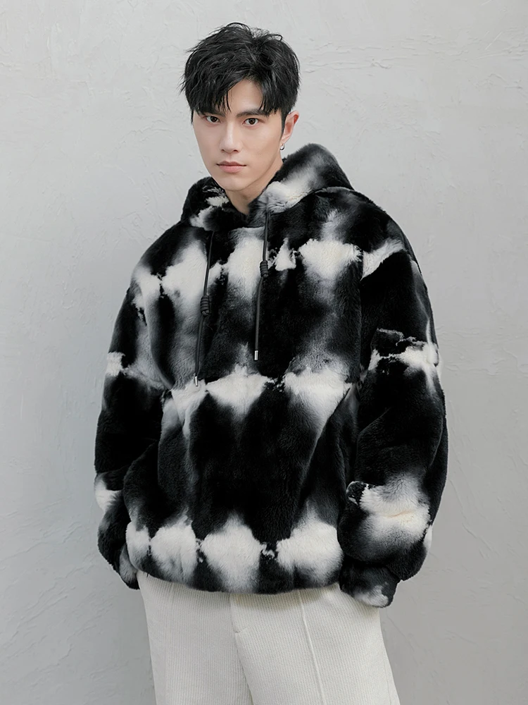 Fur Outerwear Men's Original Ecological Imported Angora Rex Rabbit Integrated Hood Coat Haining Real Leather Clothes Natu...
