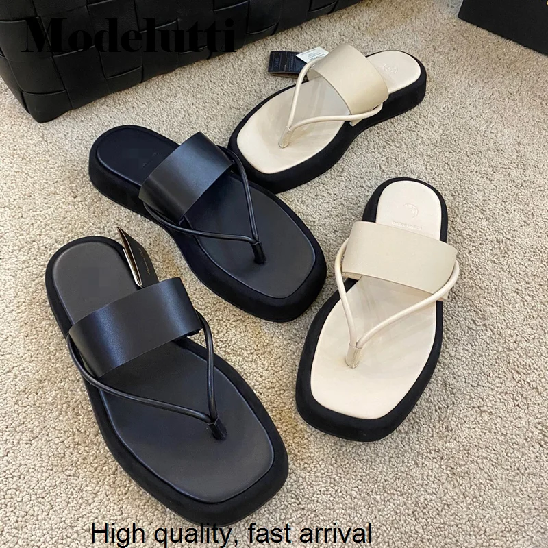 

New Fashion 2023 Thick Bottom Flip Flops Cowhide Solid Color Beach Slippers Women Simple Casual Sandals Shoes Female