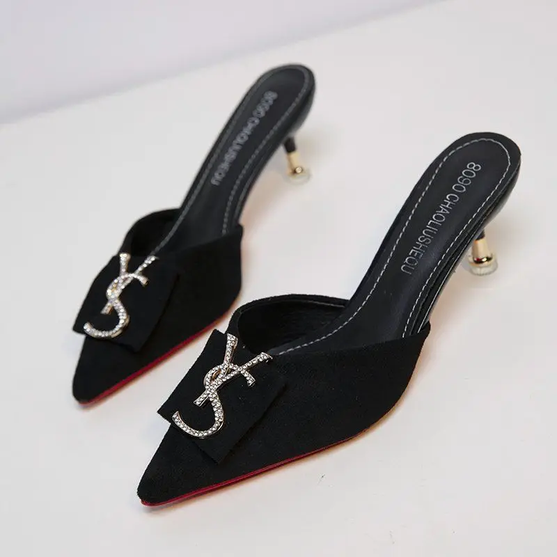 

2022 Spring and Summer New French Girls Pointed Stiletto Heels Joker Heel Baotou Half Slippers Women's Metal Decorative Sandals