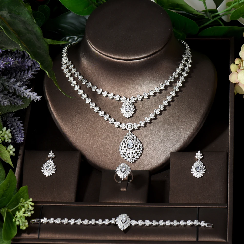 Fashion Two Layers Water Drop 4pcs Necklace and Earring Sets AAA Cubic Zirconia Dubai Nigeria Wedding Jewelry Accessories S-018