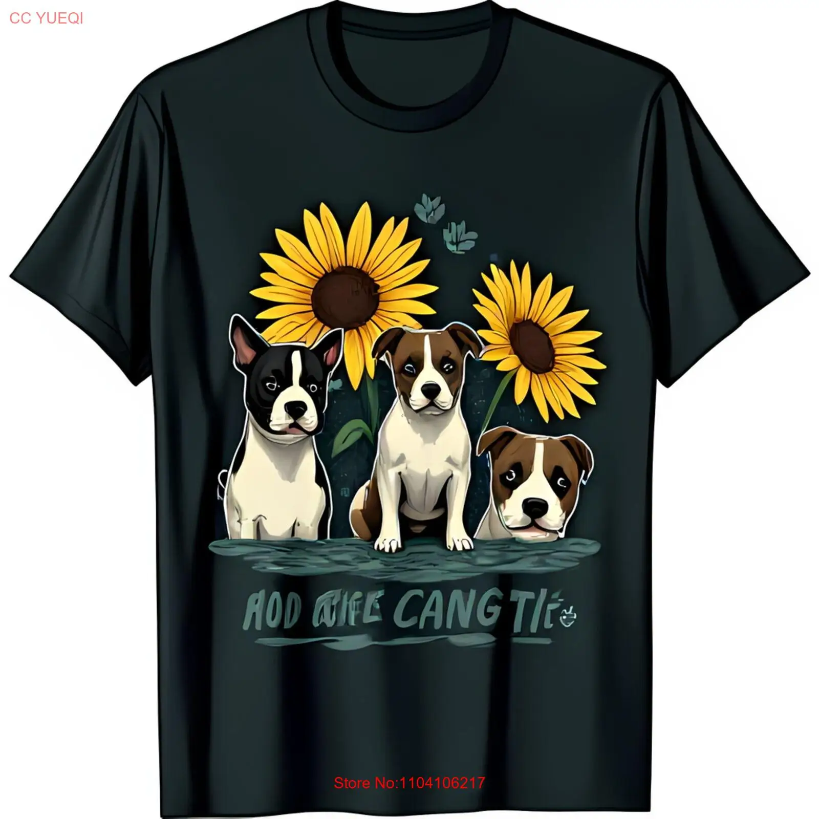 Черная футболка с рисунком яркого подсолнуха и собаки Fun Rod Wife Cang Tie Design