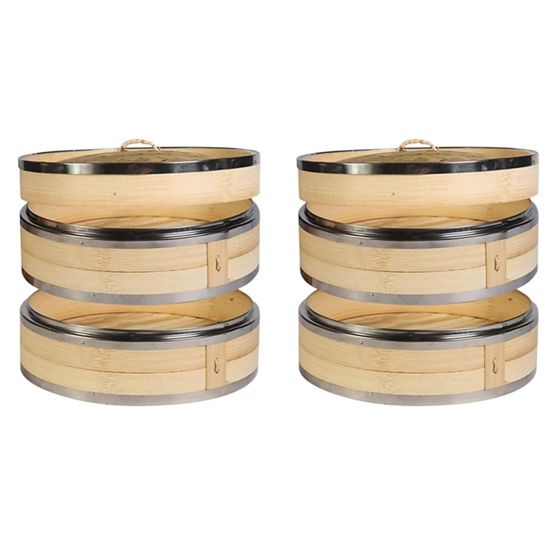 

2X 2 Tier Kitchen Bamboo Steamer With Double Stainless Steel Banding