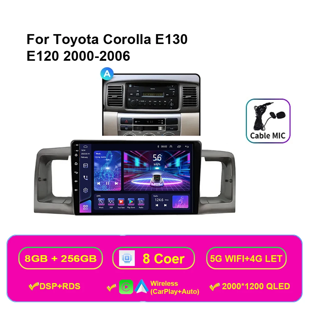 

Автомагнитола Android 16 для Toyota Corolla E120 E130 2000-2006, мультимедийный плеер, Android Auto, GPS-навигация, стерео, Carplay, 5G, DVD
