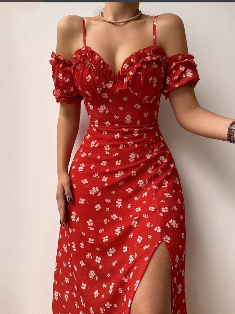

Red Floral Dresses for Woman 2022 Summer French Styke Slip High Waist Wrap Slit Midi Ruffle Backless Off Shoulder Dress Sky Bule