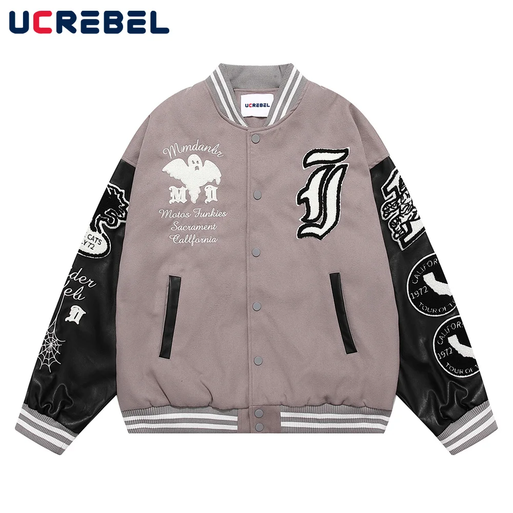

Color Block V-neck Baseball Uniform Mens Letter Embroidery Autumn PU Leather Stitching SleevesSingle Breasted Casual Outerwear