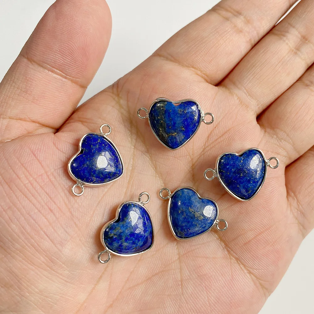 5PCS 15MM Natural Stone Pendant Connector Silver-colored Heart Shape Agates Malachite Crystal Beads Charms for Jewelry Making