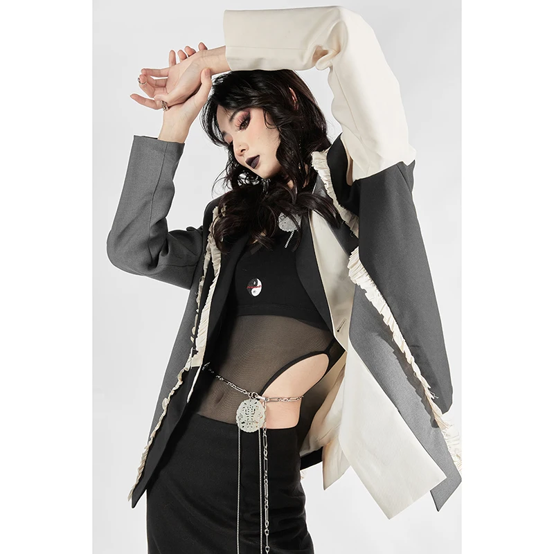 

SuperAen Suit Coat 2022 New Autumn Winter Contrast Color Splicing Irregular Casual Blazer Women