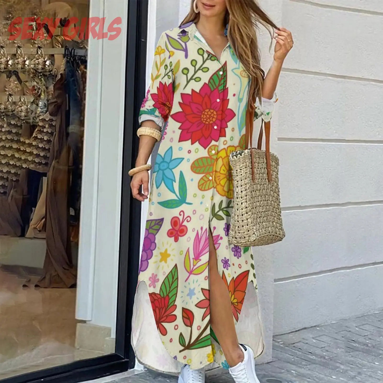 Осень 2023, женская рубашка с цветочным принтом, Свободный Повседневный Женский вечерний сарафан, модные сексуальные женские платья с цветочным принтом, акция