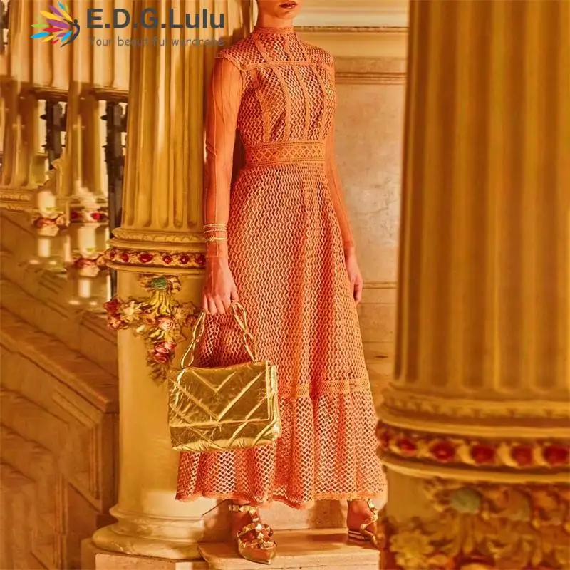 

EDGLuLu Vintage O-neck Hollow Out Lace Dress High Quality Sleeveless Orange Long Birthday Dress For Women Vestidos 0524