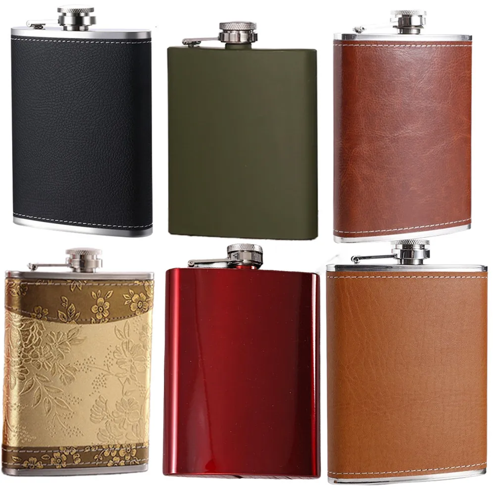 

7oz 8oz Pocket Hip Flask PU Leather Covered Small Stainless Steel Wine Pot For Alcohol Portable Whiskey Flagon Men Gift