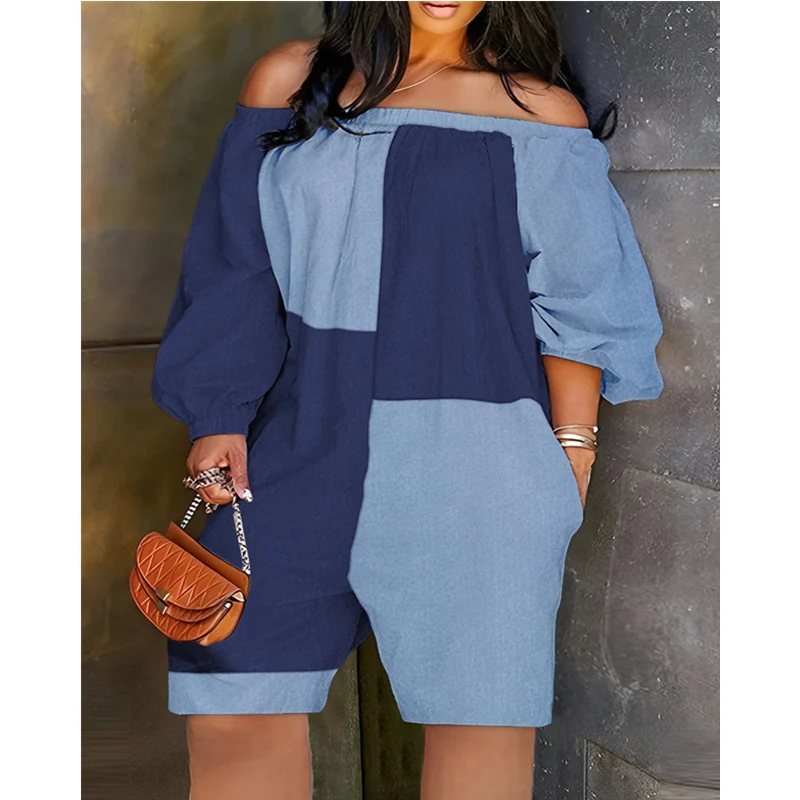

Women Casual Long Lantern Sleeve Patchwork Loose Romper Onepieces Women Elegant Fashion Summer Off Shoulder Playsuit Overalls