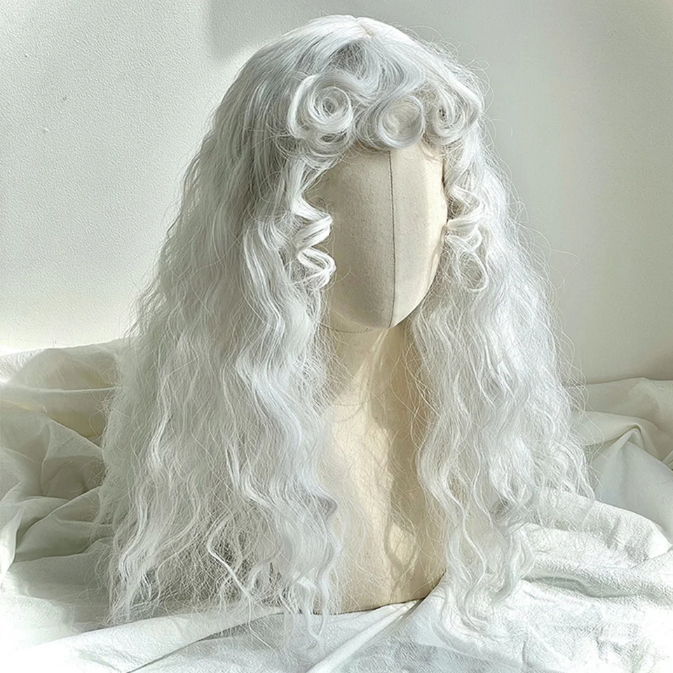 

Synthetic Long Curly Hair Women Silver White White Gold Natural Black Retro Curly Taco Wig Bangs Lolita Cosplay Heat Resistant W