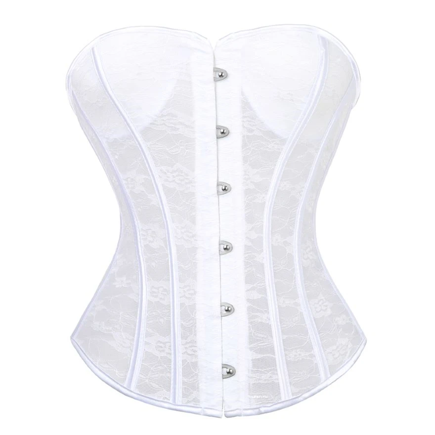 

Black White Breathable Mesh Overbust Corset Bustier Hollow Out Bridal Lingerie
