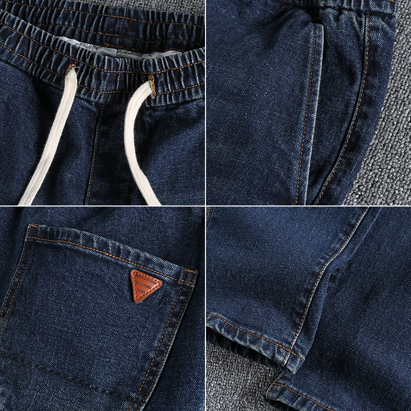 Elastic waist washed nostalgic blue jeans men's stereo cut loose straight feet retro trend youth trousers