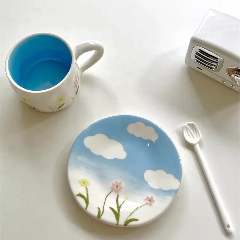 

Outdoor Spring Oil Painting Milk Blue Clear Sky Hand Pinch Ceramic Cup Coffee Cup Saucer High-End Afternoon Tea Snack Plate