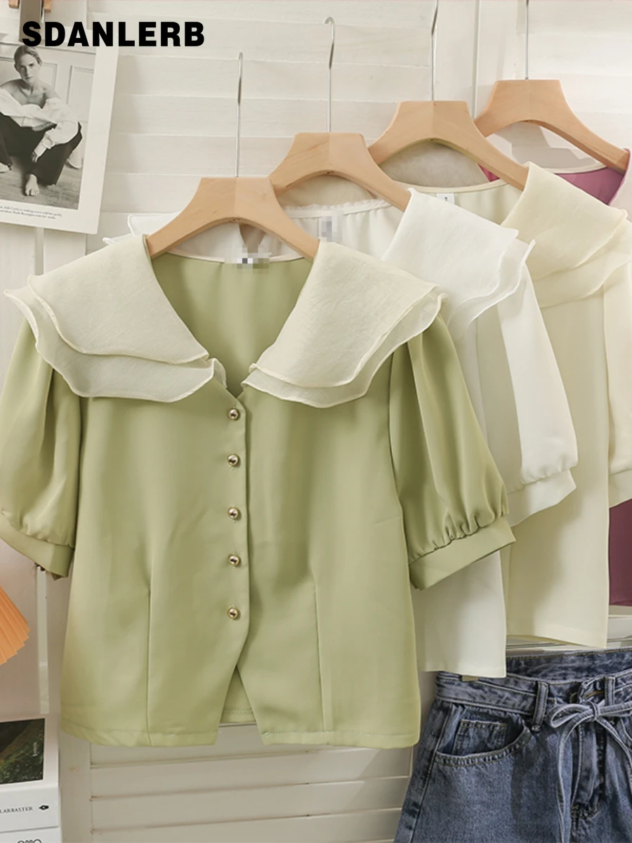 

Mesh Stitching Doll Collar Single-Breasted Shirt Women's Summer Thin Short Sleeve Tops Slim Fit Slimming Fashion Blusas Mujer