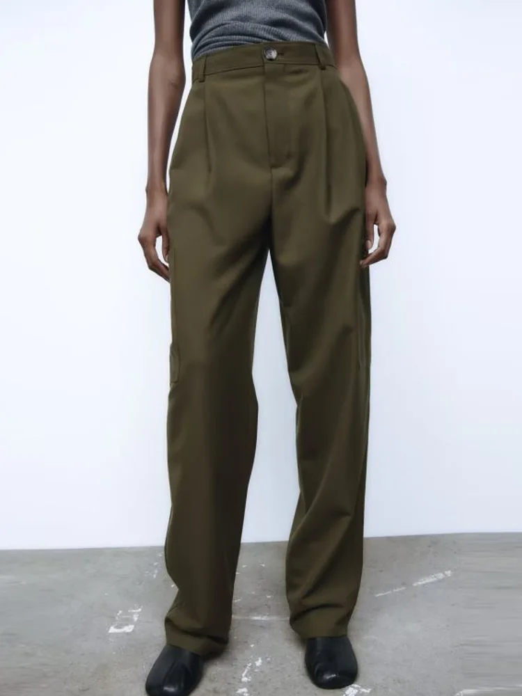 

Kumsvag Women Autumn Solid Cargo Pants 2022 Fashion Casual High waist Button Female Elegant Street Loose Pant Trousers Clothing