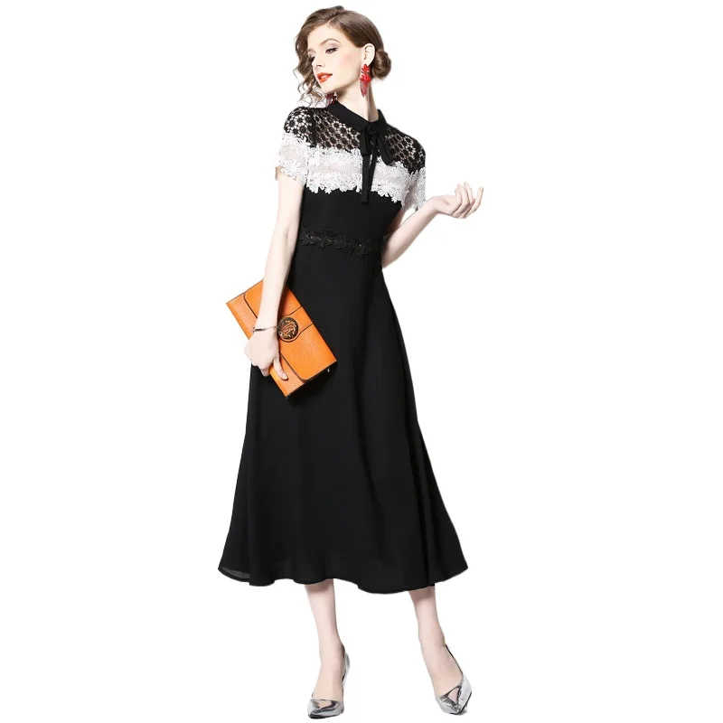 Simgent Women Lace Patchwork Dress Peter Pan Collar Elegant A Line Black and White Long Dresses Femme Robe Vestidos SG29113