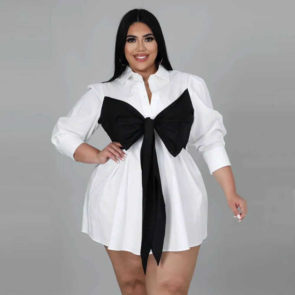 

Elegant Dress White Contrast Lace-Up Bow Neck Waist Thin Lapel Long Sleeve Blouse Dress Spring Summer 2022 New Office Lady