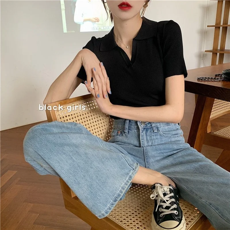 

Y2k Solid White Tops Women Clothing Streetwear Casual T Shirts Ropa De Mujer Short Sleeve Tees Polo Black Ribbed Office Lady