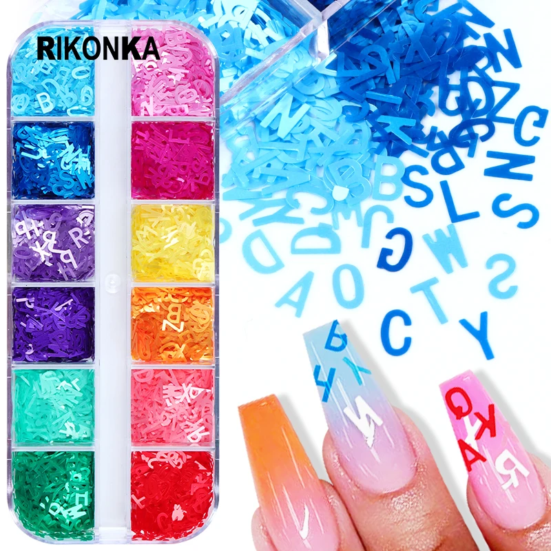 

3D Mixed Letter Nail Sequins For Nail Art Decorations Rainbow Colors Alphabet Glitter Flakes Gel Polish DIY Charm Nail Supplies