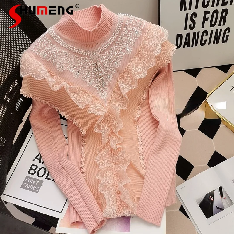 

Sweet Fashion Heavy Rhinestone Bead Stitching Lace Sweater Pullover Women Slim Turtleneck Sweater Women Fall Winter New Clothes