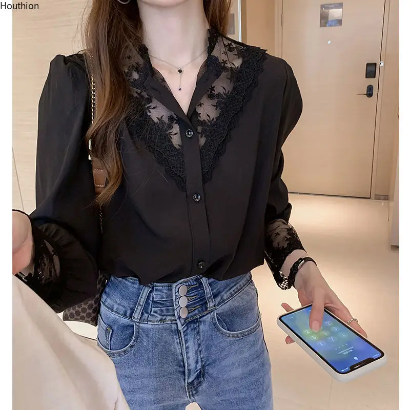 

Summer Long Sleeved Women's Blouse Pure Color Stitching Fashion Top Casual O-Neck Shirts Spring Korean Style Female Clothing