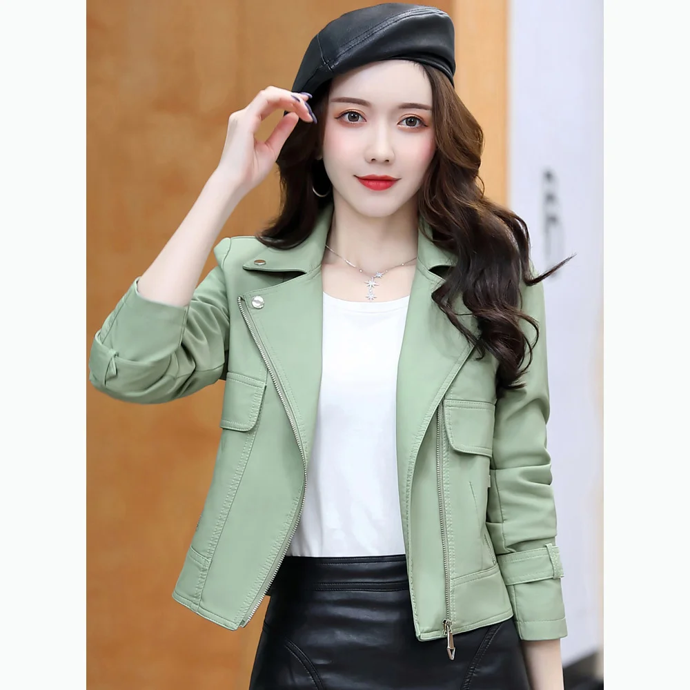 Leather New Bright Beautiful Jacket Spring Autumn Fashion Turn-down Collar Slim Short Leather Coat Classic Chic Outerwear
