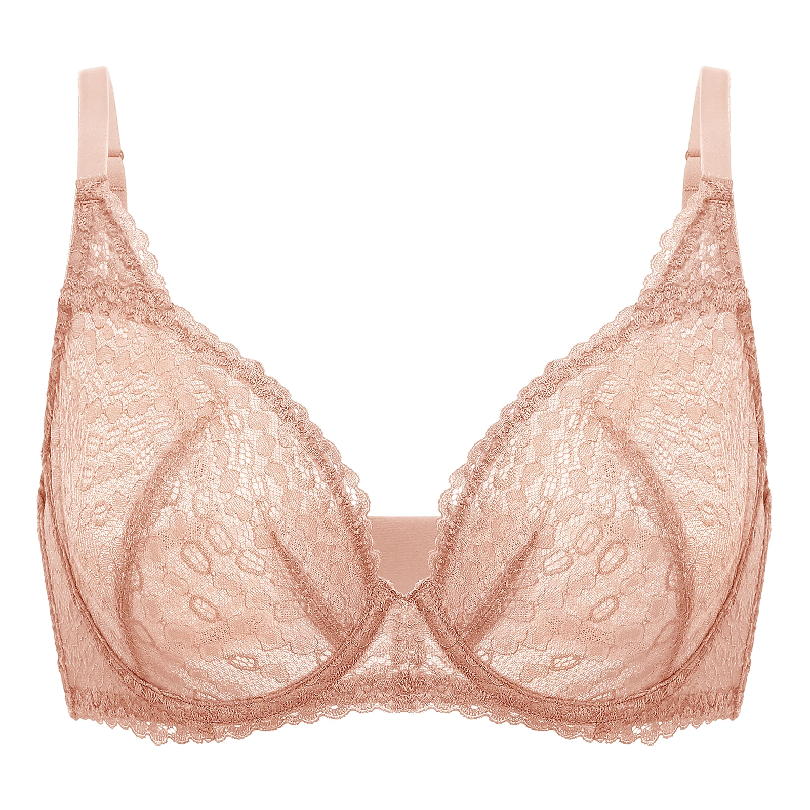 DOBREVA Women's Minimizer Floral Lace Bra Unlined Sheer Mesh Sexy Bralette Underwire Deep V Plunge Plus Size