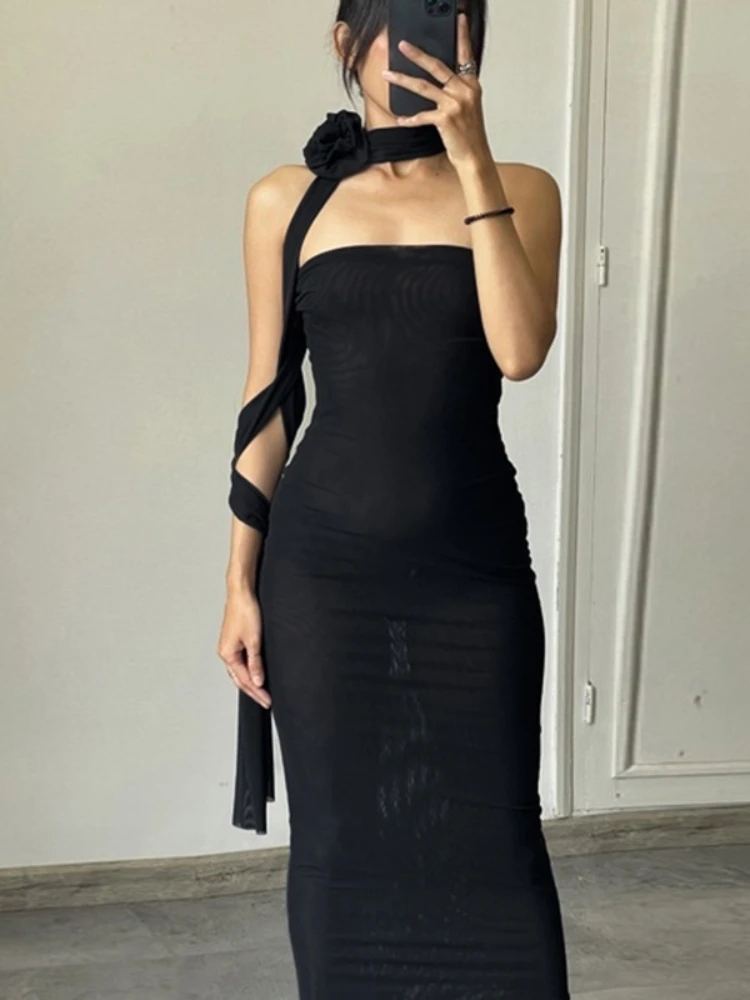 

Laxsesu Black Elegant Sexy Party Club Dress Women 2023 Summer Mesh Strapless Sleeveless Midi Bodycon Dresses Fashion Outfits