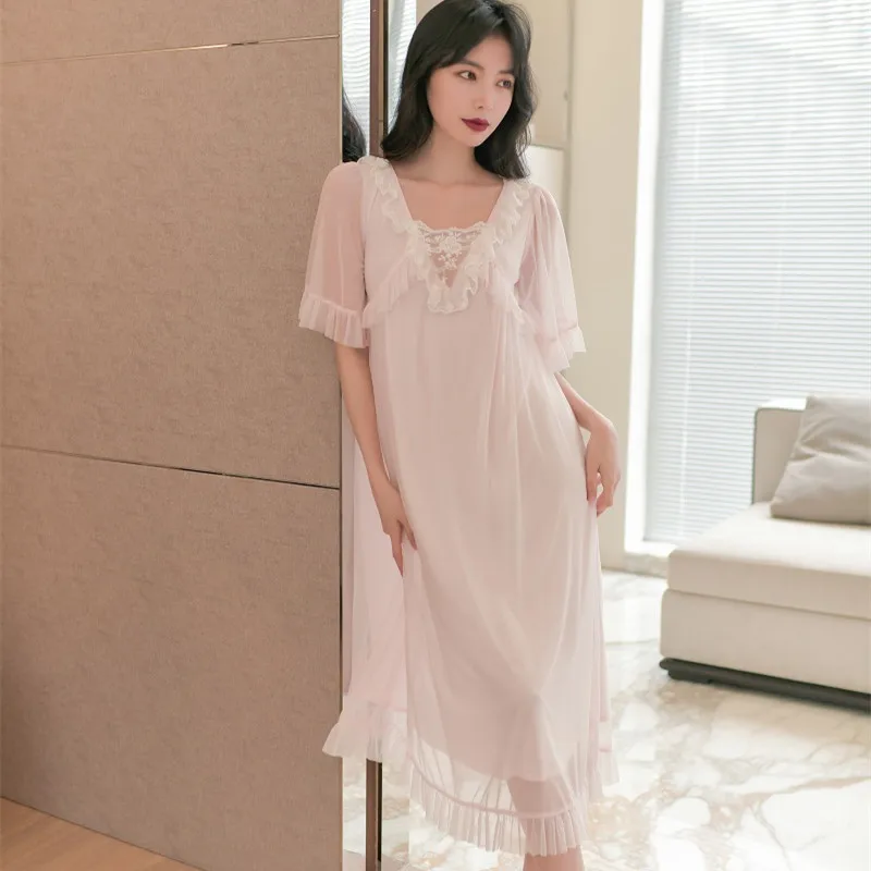 

New Summer Vintage Princess Gauze Women's Long Nightgowns Modal Short Sleeve White Lace Sleepwear Sweet Girls Nighty Home Wear