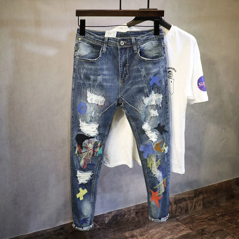 

Men's ripped jeans men's trendy summer thin section trend wild handsome and personalized embroidery trousers Slim feet trousers