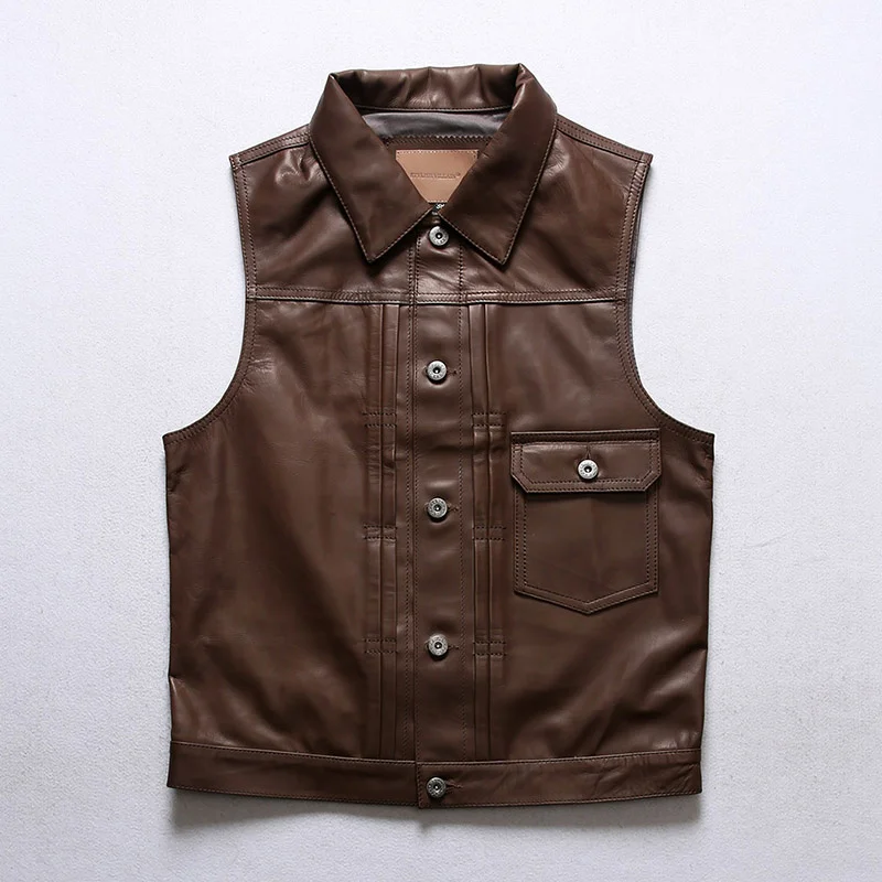 

D006 Asian Small Size Mens Super High Quality Genuine Goat Leather Brass Button Vest Stylish Waistcoat
