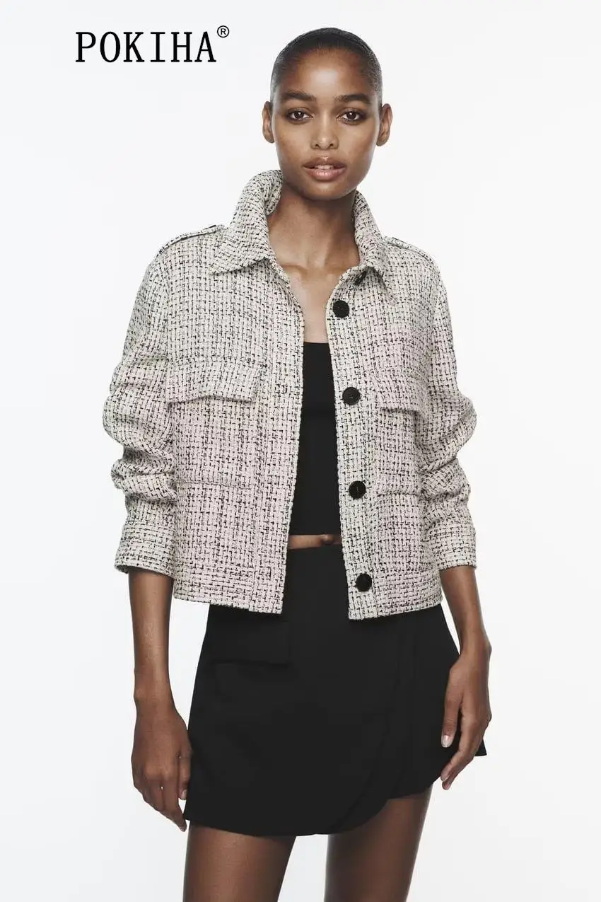 

Pokiha Fashion Women Elegant Front Button Cropped Tweed Blazers Coat Vintage Lapel Collar Long Sleeve Female Outerwear Chic Tops