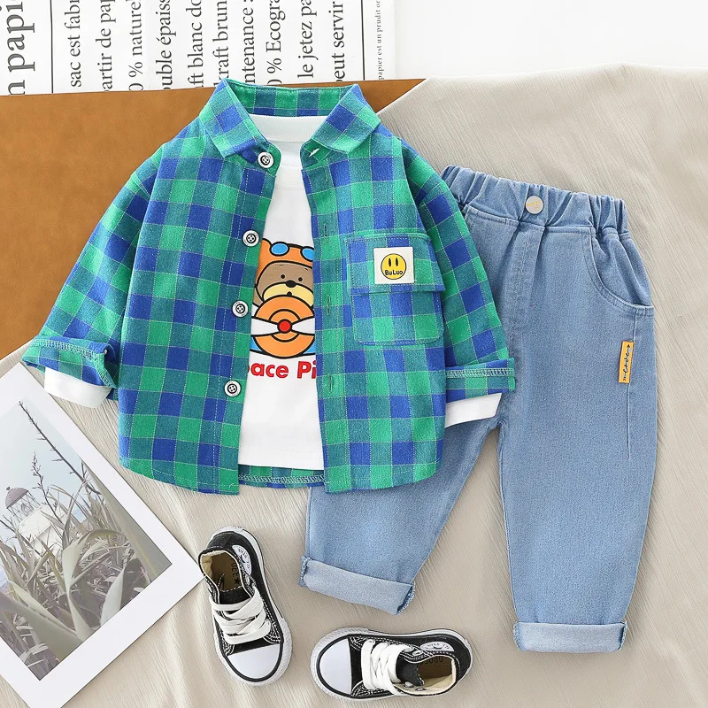 

OLEKID 2022 Spring Autumn Children Boys 3PCS Clothing Set Plaid Shirts Cartoon Printed Sweatshirts Jeans Pants Baby Clothes Set