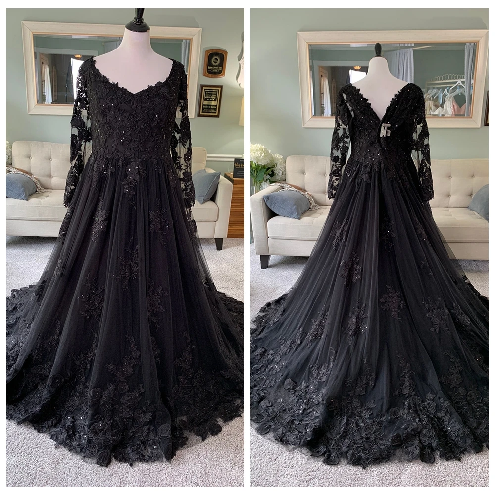

Black Dress Women Lace Long Sleeeves Wedding Gowns 2023 Vestido Longo Festa V Neck Sequins Gothic Bridal Dress Plus Zise
