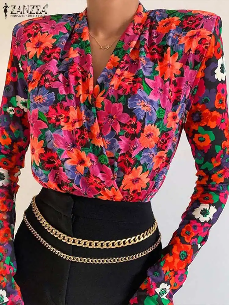 

Женская стильная блузка ZANZEA с V-образным вырезом и цветочным принтом, осенние элегантные офисные блузы, повседневные богемные праздничные рубашки с длинным рукавом, топы