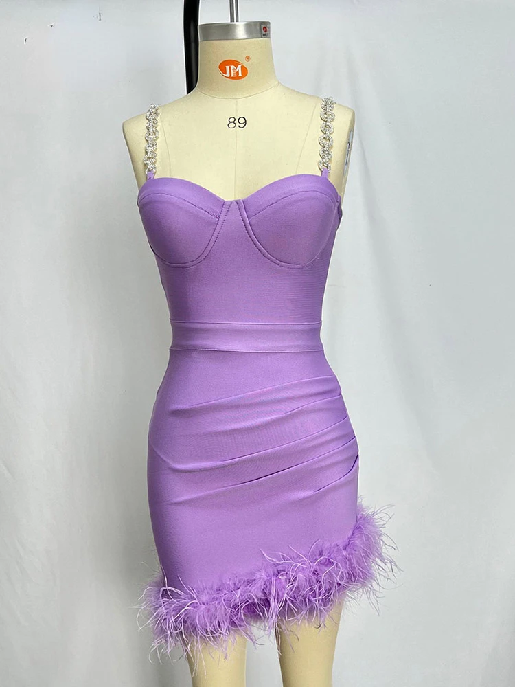 

2023 New Summer Women's Fashion Sexy Sleeveless Feather Diamond Mini Bandage Dress Elegant Evening Club Party Dress