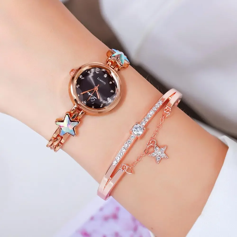 Brand Luxury Bracelet Watches Set For Women Fashion Rhinestone Star Bracelet Watch Ladies Dress Watches New Zegarek Damski