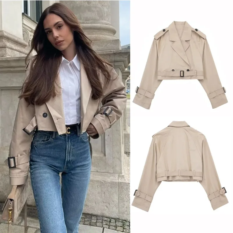 

Fashion Vintage Style Street Cut Short Trench Coat Women Turndown Collar Solid Outwear Casual Button Buckle Belt Cardigan Jacket