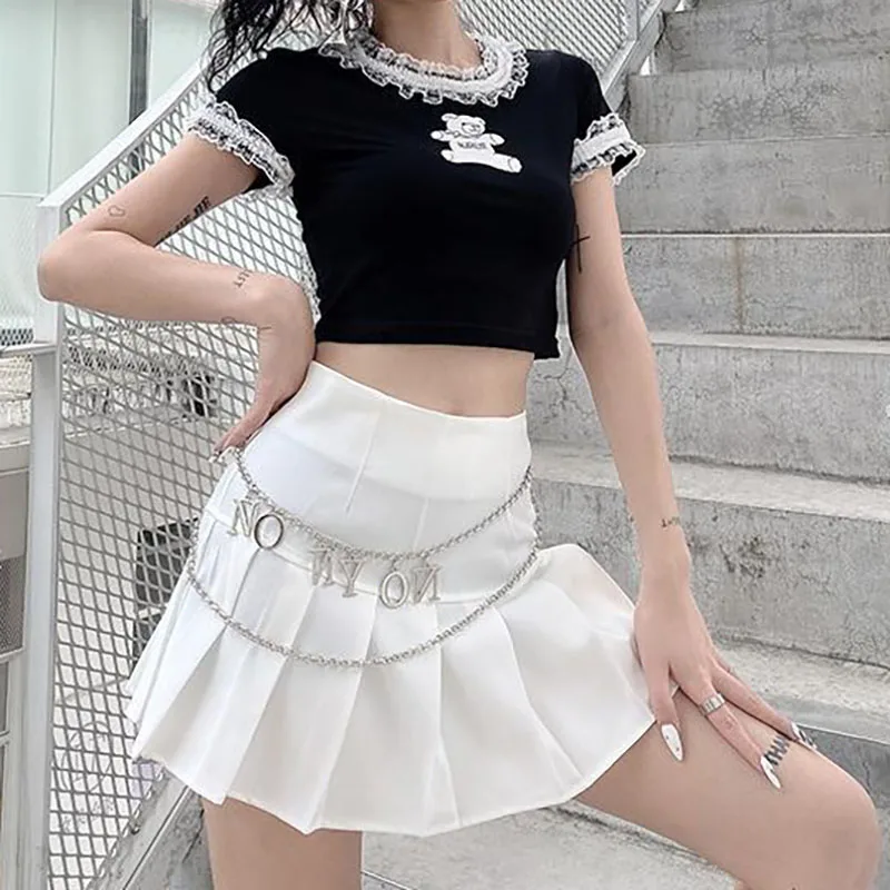 Goth T Shirts Fashion Kpop Bear Print Graphic T Shirts Summer E Girl Sexy Lace Crop Top MINGLIUSILI Gothic Women Clothing