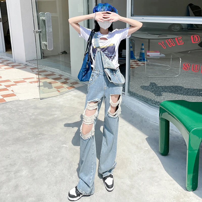 High Street Jumpsuit Women Empire Straight Wide Leg Hiphop Hand Frayed Worn-out Washing Botton Pocket Vintage Blue Jumpsuits