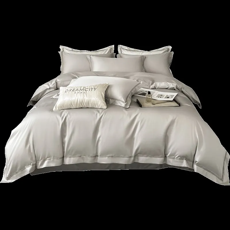 Cotton Four-Piece Set 00 Pure Simple Solid Quilt Cover Embroidered Spring and Autumn Bed Sheet Fitted Four ...