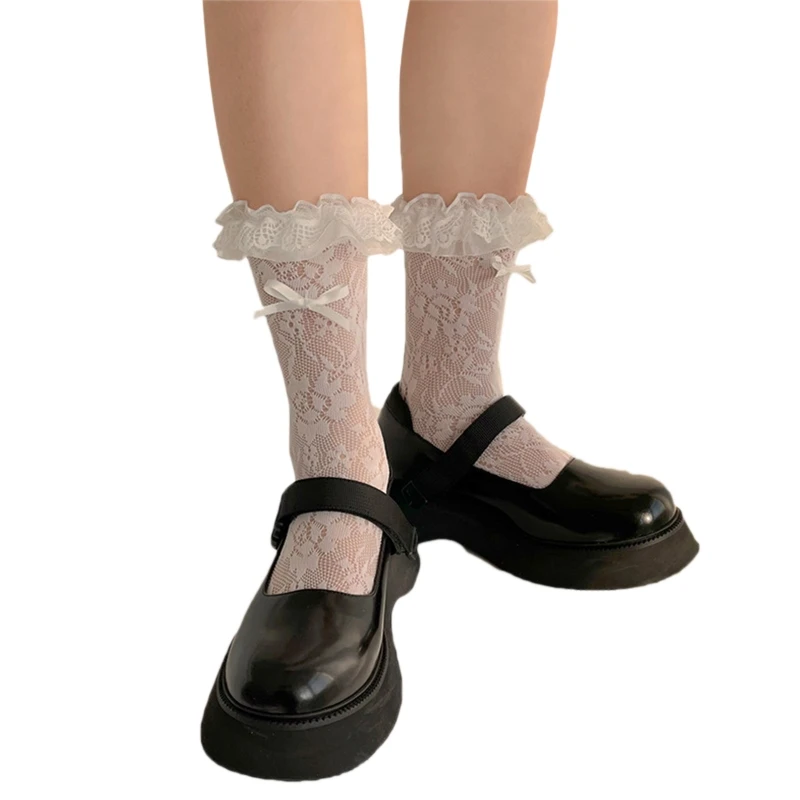 

Women Floral Lace Mesh Calf Socks Japanese Sweet Bowknot Double Layer Ruffled Trim Student Knee High Stockings 37JB