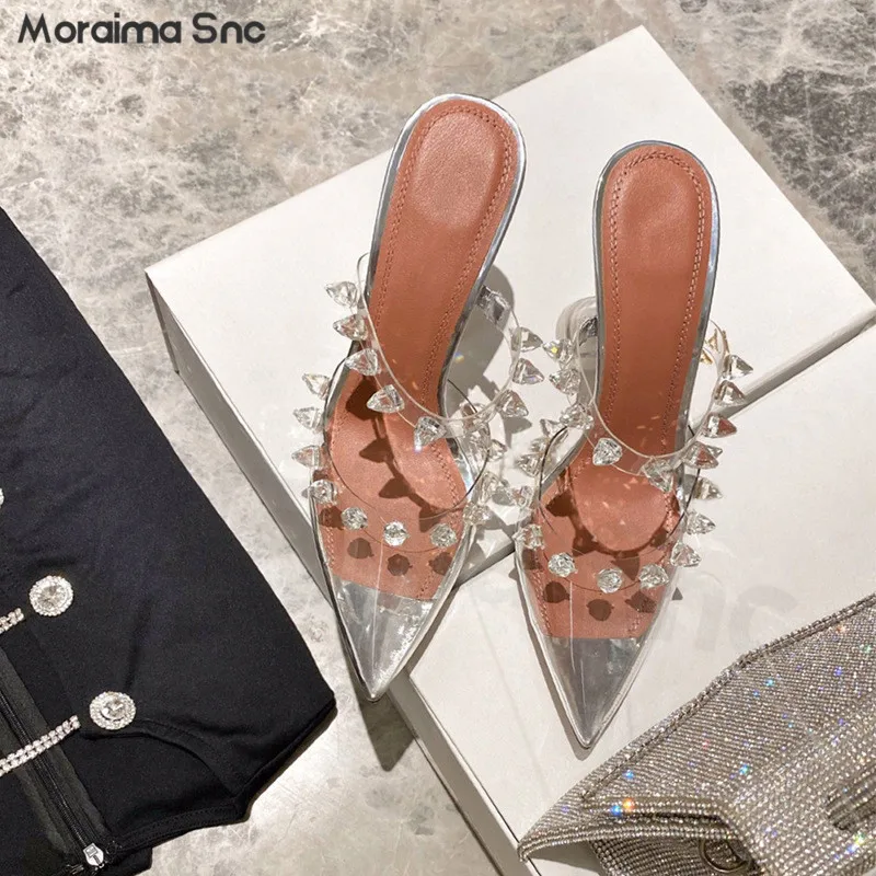 Women's Summer Rhinester Baotou Slippers New Transparent Pointed Wine Glass Heel Back Empty High Heel Sandals Sexy Slippers