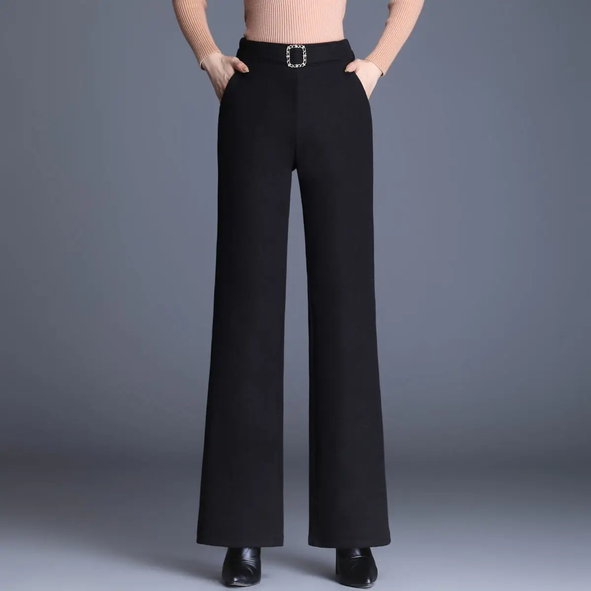 

2023 Women's Autumn Winter New High Waist Thick Trousers Female Loose Wide Leg Pants Ladies Solid Color Woolen Suit Pants F81