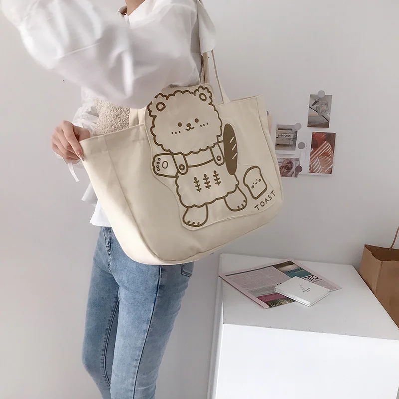 

Women Canvas Shoulder Bag Cute Bear Print Handbag Cotton Cloth Big Tote Large Capacity Kawaii Books Bag Shopping Bags For Ladies