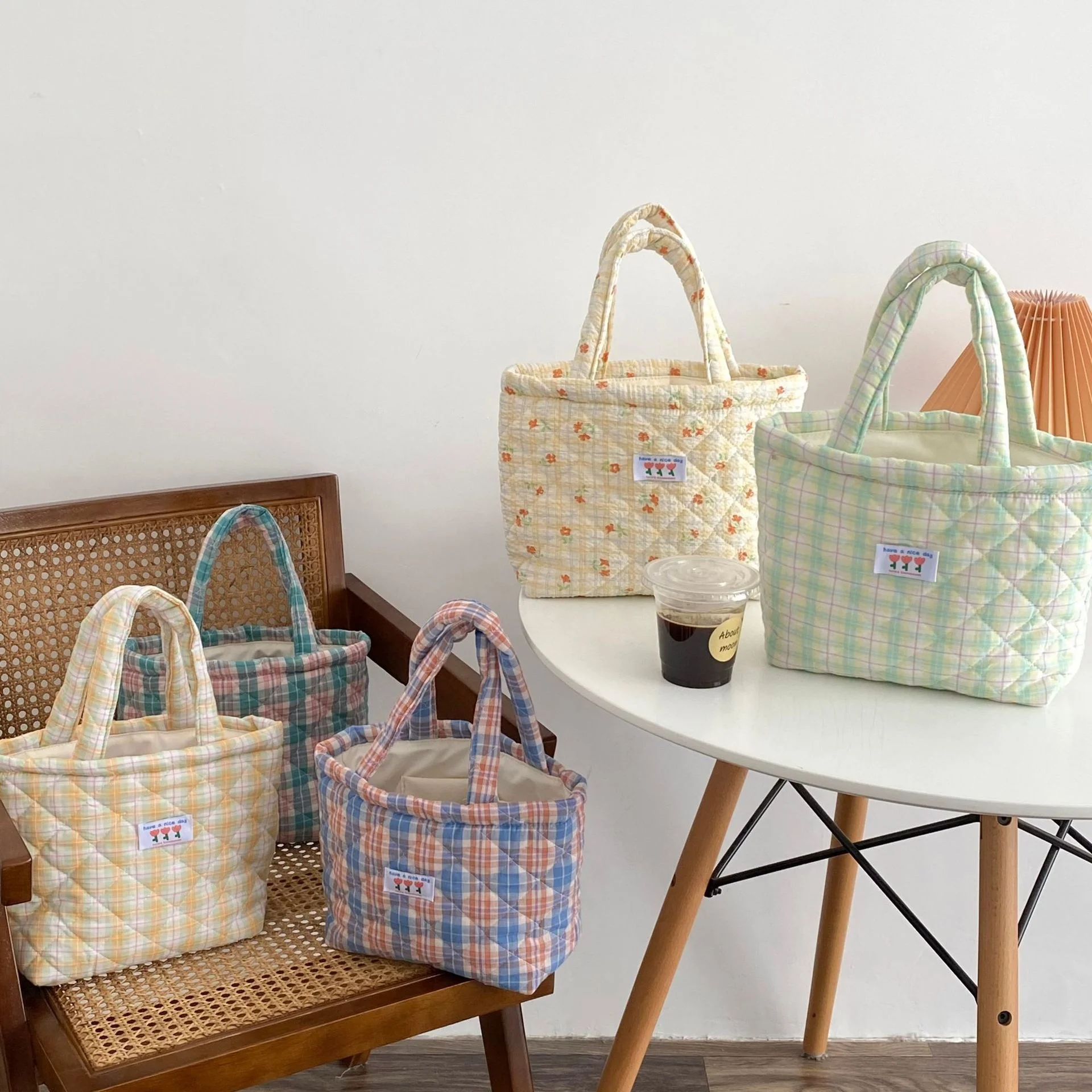 

Cute Plaid Women's Small Tote Purse Handbags Retro Flower Ladies Corduroy Shoulder Bags Soft Design Female Girls Lunch Bento Bag