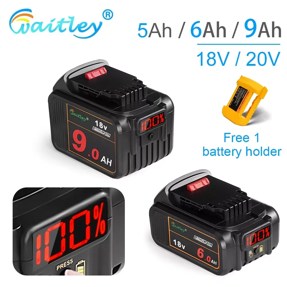 

Waitley 18V 5Ah 6Ah Lithium Battery for De-Walt power Tools DCB184 DCB200 rechargeable electric tool set 20V 18Volt 18 v 9000mAh