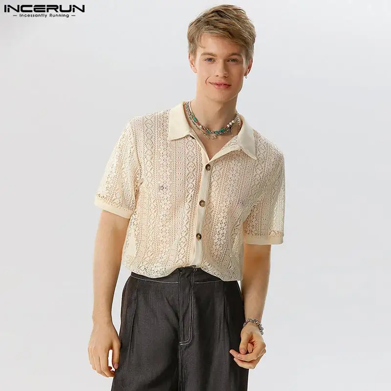 

INCERUN Men Shirt Mesh Lace Solid Transparent Sexy Lapel Short Sleeve Button Down Men Clothing Streetwear 2023 Camisas S-5XL